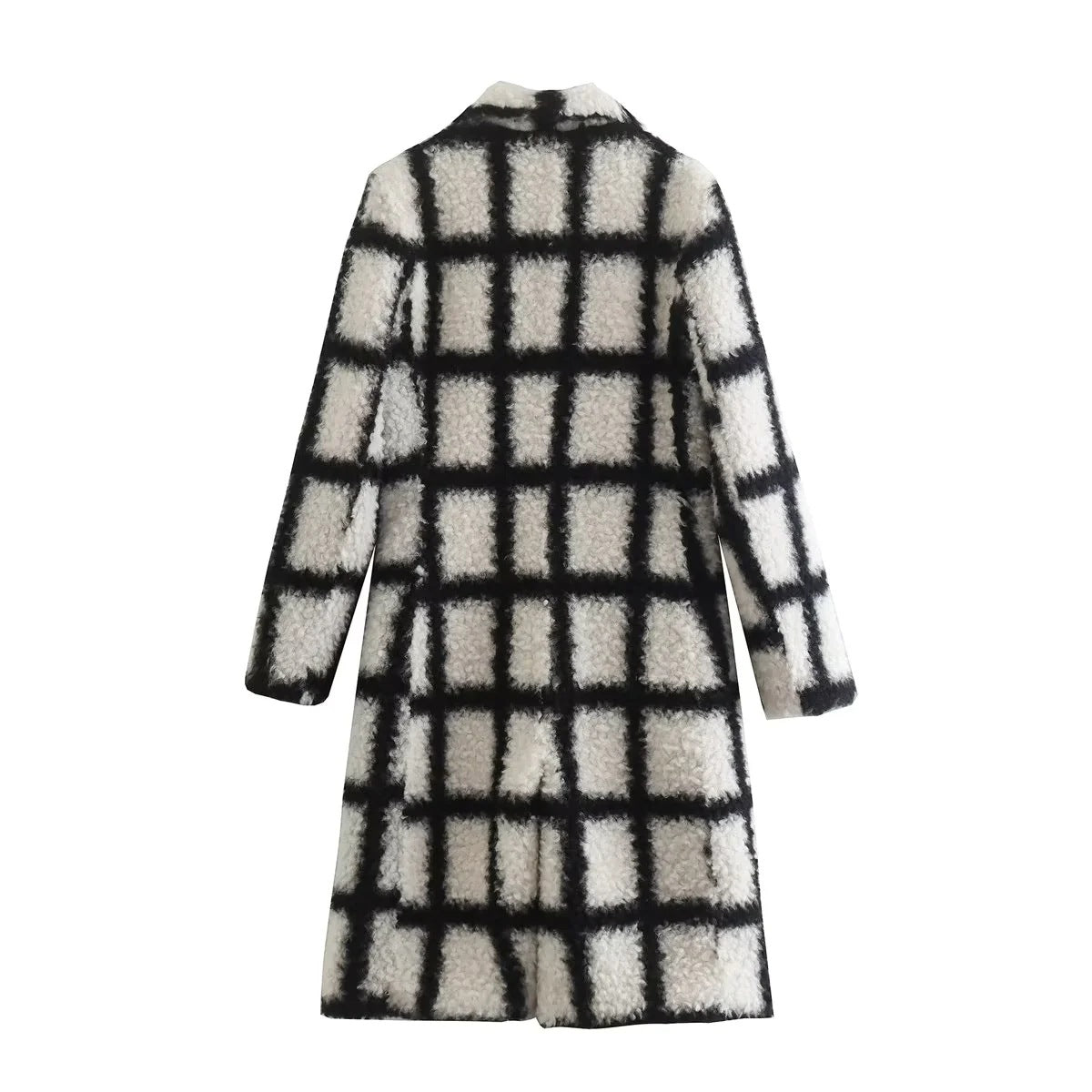 Fashion women's cocoon shaped lapel long coat black and white checkered plush coat for women