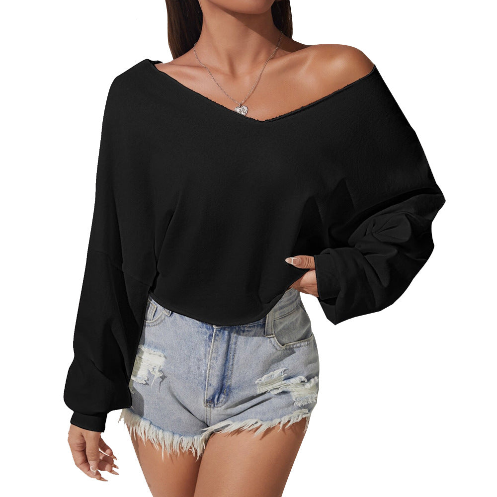 European and American elegant style loose autumn and winter V-neck versatile off-the-shoulder design top