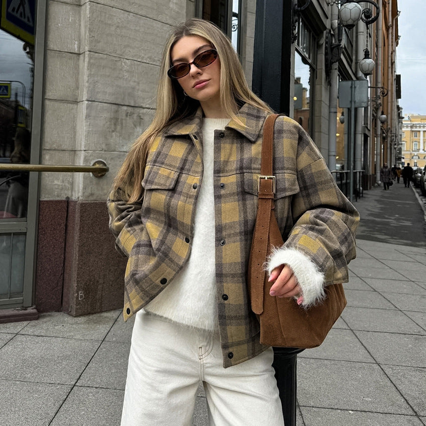 Checkered wool coat women's retro loose woolen coat