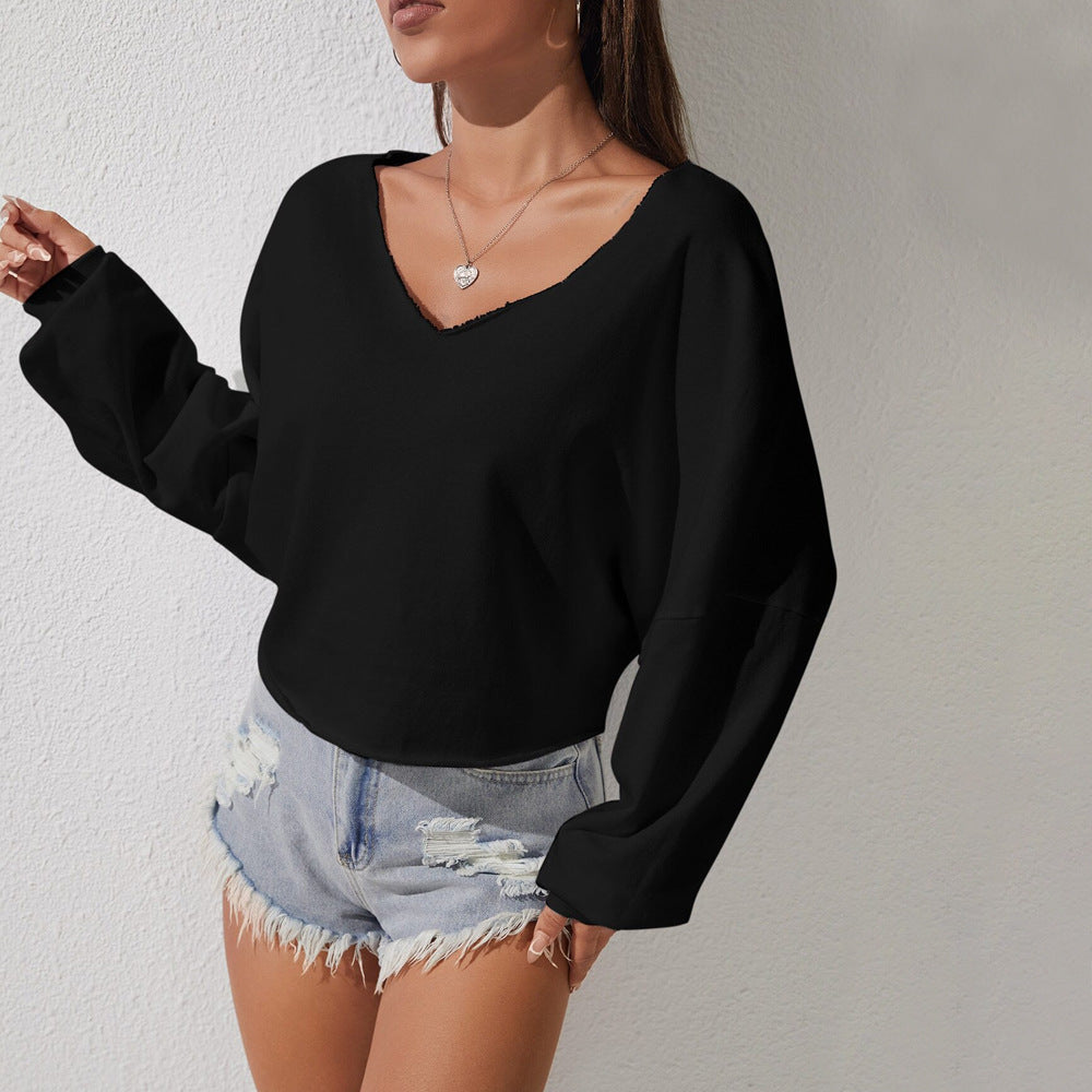 European and American elegant style loose autumn and winter V-neck versatile off-the-shoulder design top